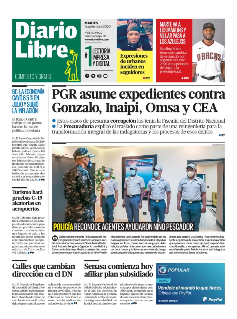 Portada Periódico Diario Libre, Martes 01 de Septiembre, 2020