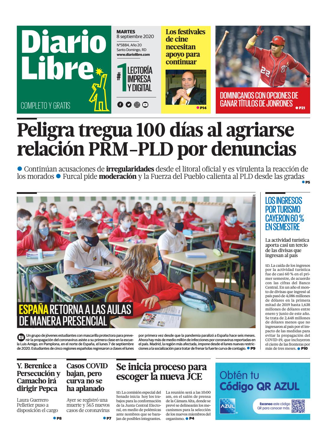 Portada Periódico Diario Libre, Martes 08 de Septiembre, 2020