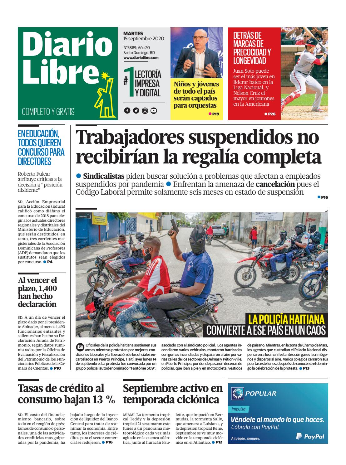 Portada Periódico Diario Libre, Martes 15 de Septiembre, 2020
