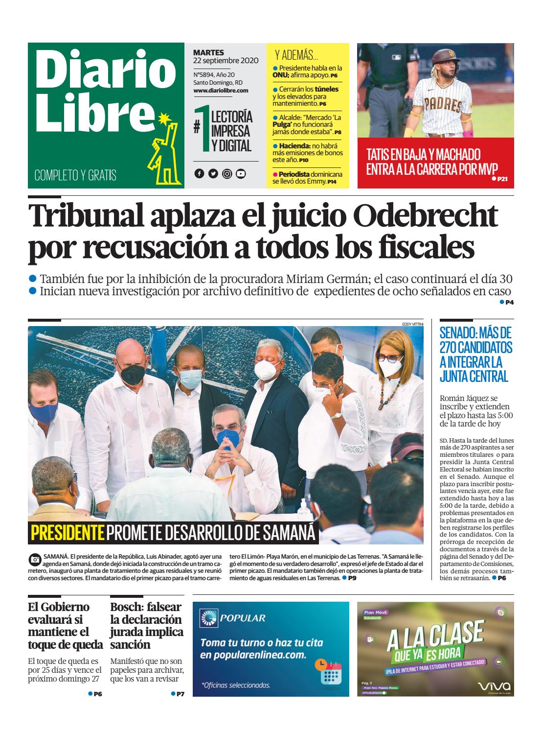 Portada Periódico Diario Libre, Martes 22 de Septiembre, 2020