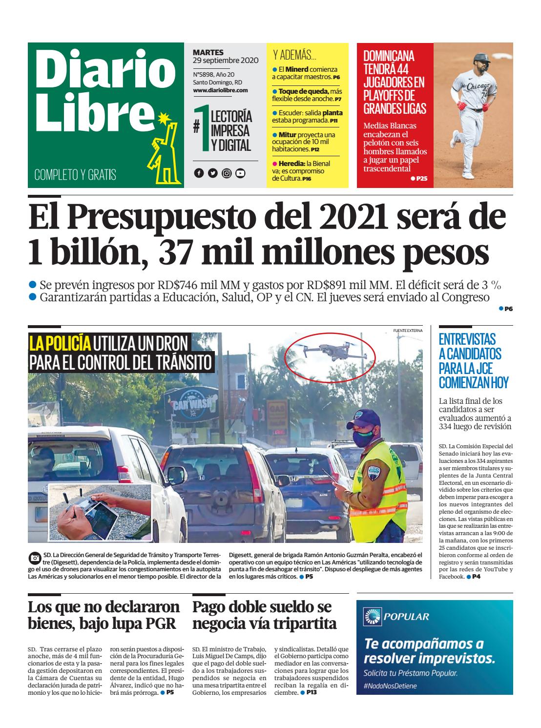 Portada Periódico Diario Libre, Martes 29 de Septiembre, 2020
