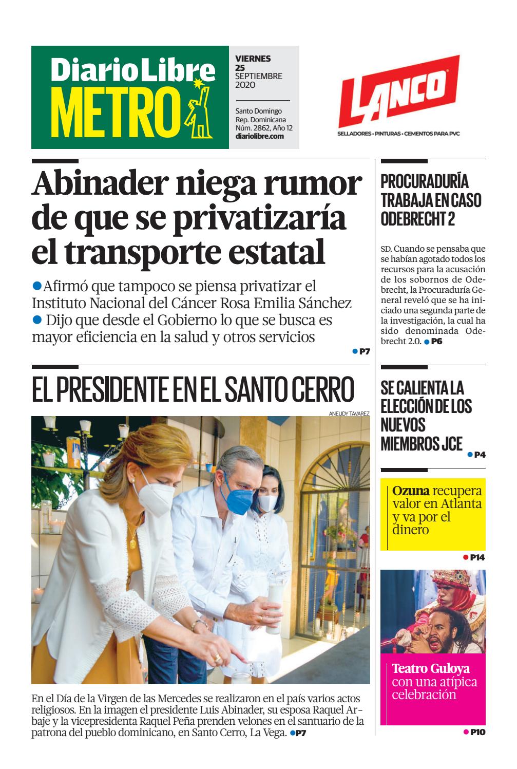 Portada Periódico Diario Libre Metro, Viernes 25 de Septiembre, 2020
