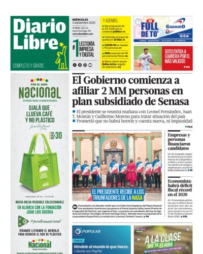 Portada Periódico Diario Libre, Miércoles 02 de Septiembre, 2020