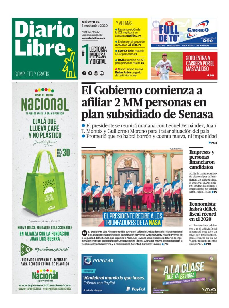 Portada Periódico Diario Libre, Miércoles 02 de Septiembre, 2020