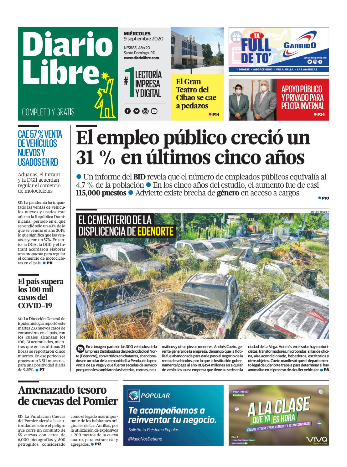 Portada Periódico Diario Libre, Miércoles 09 de Septiembre, 2020