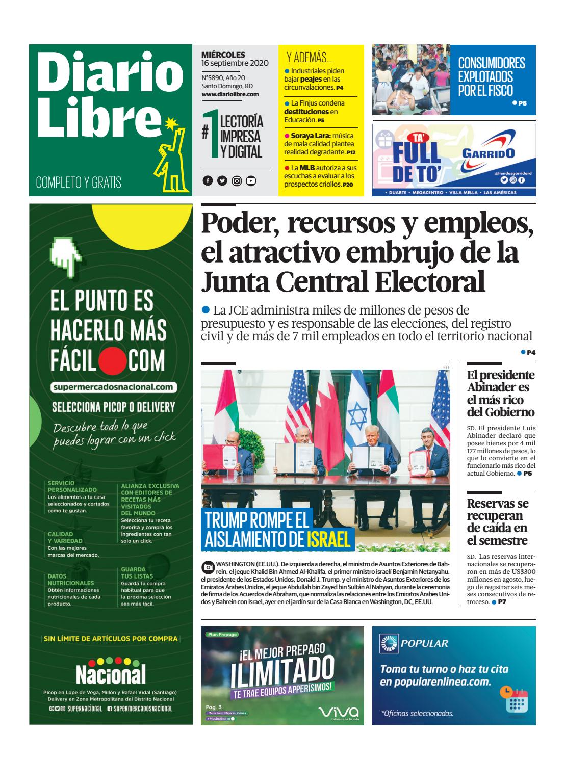 Portada Periódico Diario Libre, Miércoles 16 de Septiembre, 2020