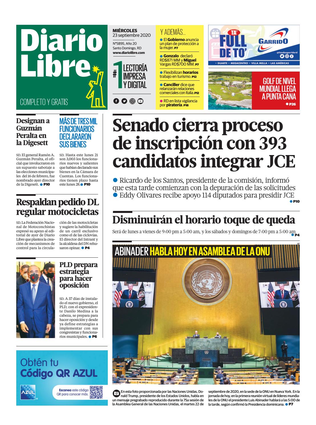 Portada Periódico Diario Libre, Miércoles 23 de Septiembre, 2020