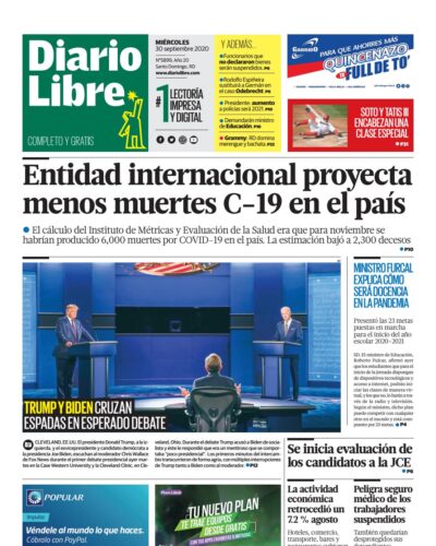 Portada Periódico Diario Libre, Miércoles 30 de Septiembre, 2020