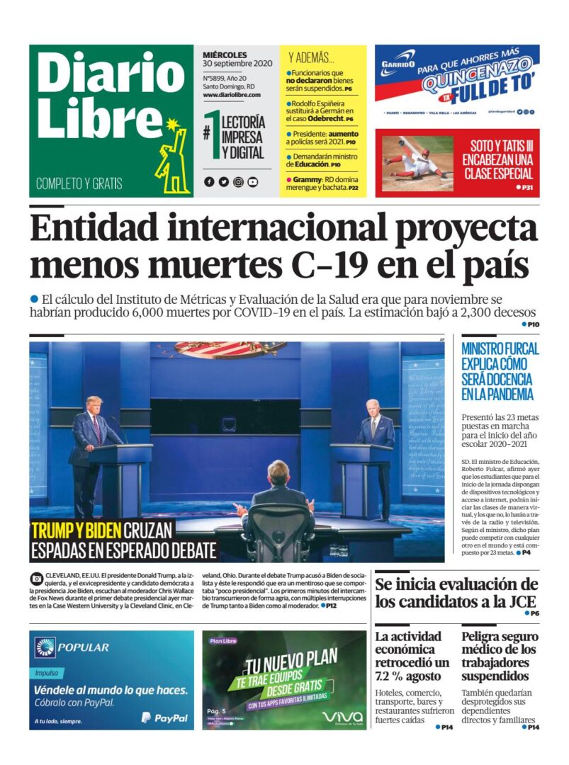 Portada Periódico Diario Libre, Miércoles 30 de Septiembre, 2020