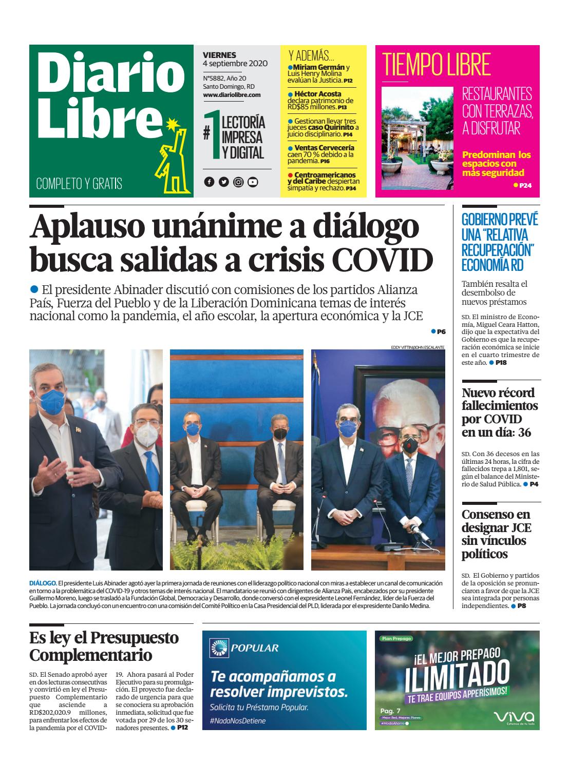 Portada Periódico Diario Libre, Viernes 04 de Septiembre, 2020