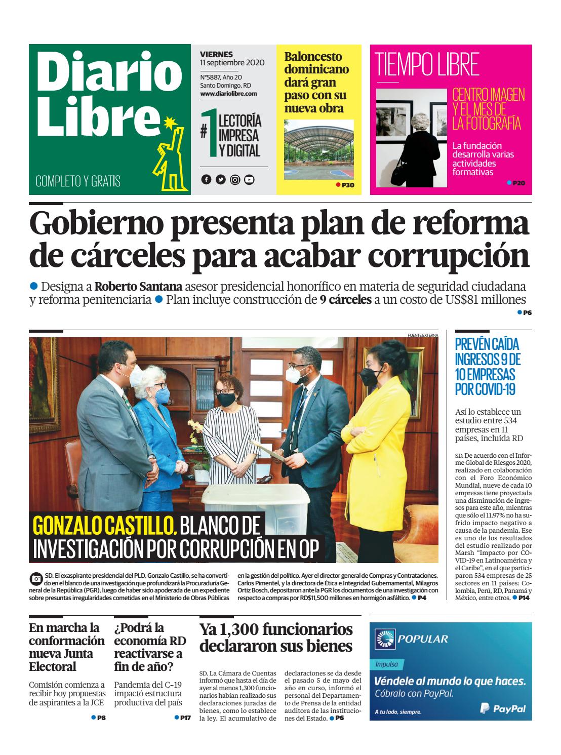 Portada Periódico Diario Libre, Viernes 11 de Septiembre, 2020