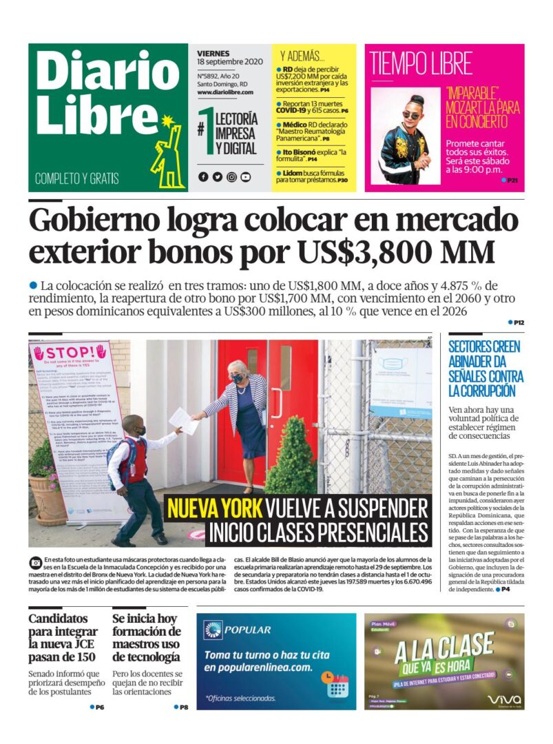 Portada Periódico Diario Libre, Viernes 18 de Septiembre, 2020