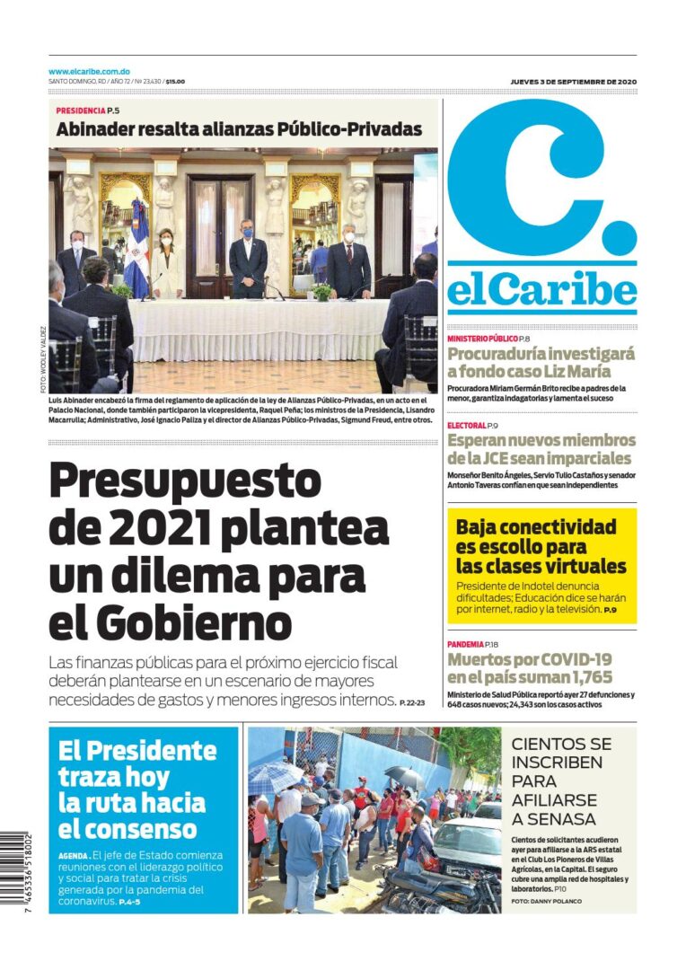 Portada Periódico El Caribe, Jueves 03 de Septiembre, 2020