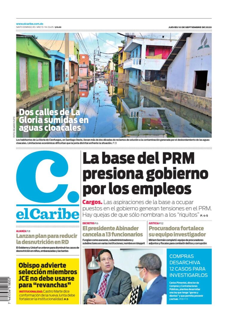 Portada Periódico El Caribe, Jueves 10 de Septiembre, 2020