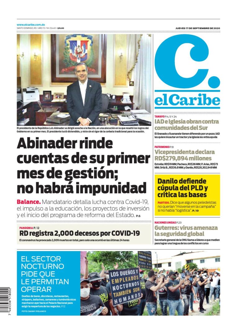 Portada Periódico El Caribe, Jueves 17 de Septiembre, 2020