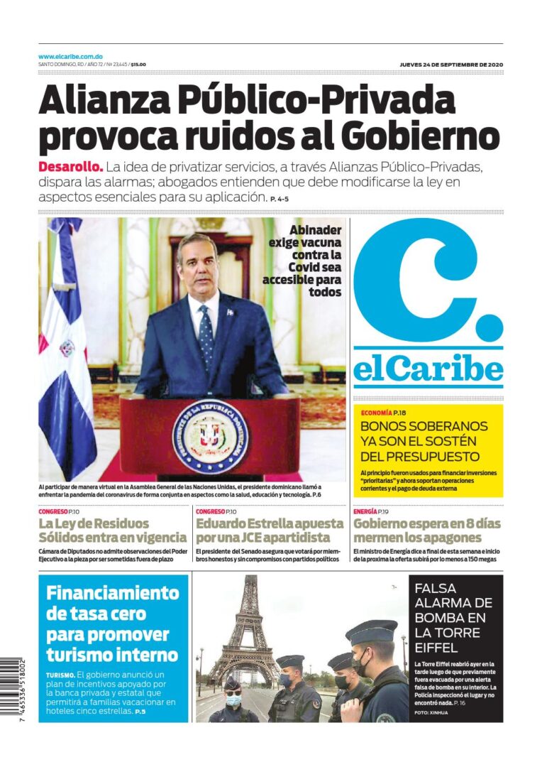 Portada Periódico El Caribe, Jueves 24 de Septiembre, 2020