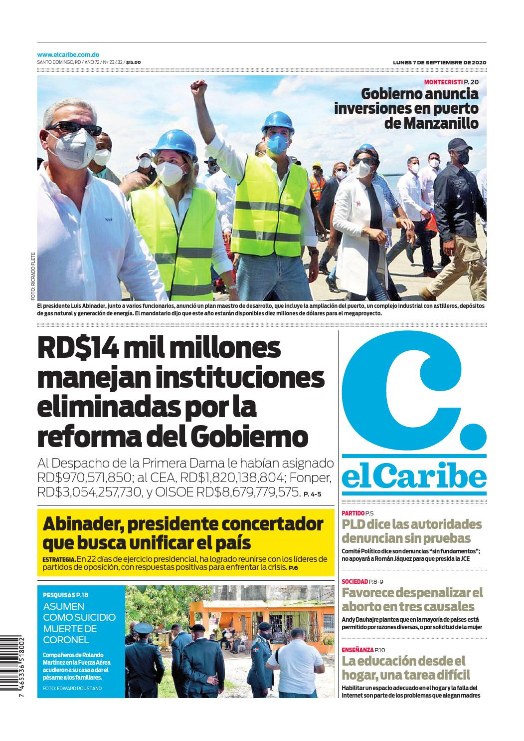 Portada Periódico El Caribe, Lunes 07 de Septiembre, 2020