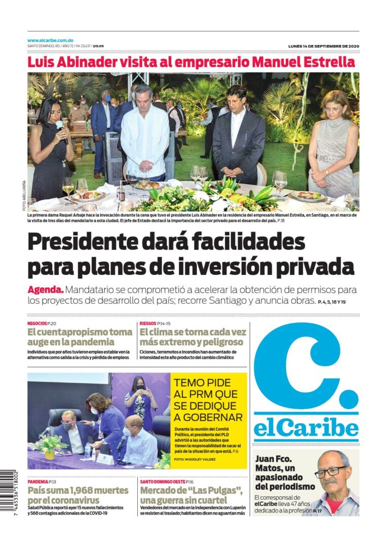 Portada Periódico El Caribe, Lunes 14 de Septiembre, 2020