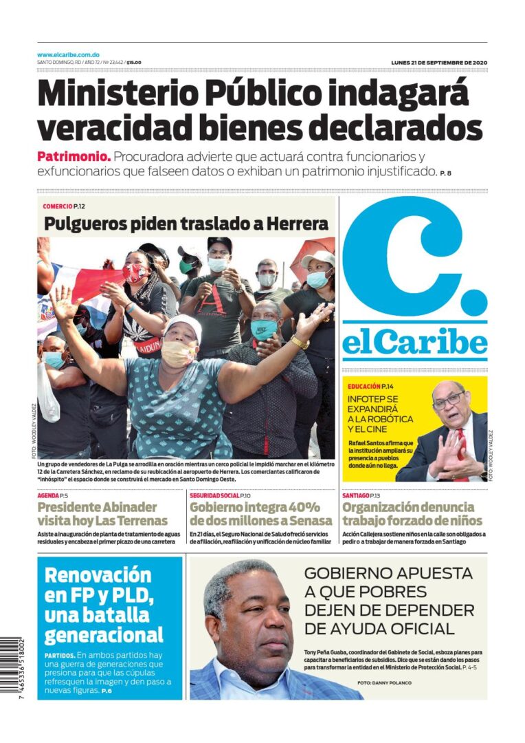 Portada Periódico El Caribe, Lunes 21 de Septiembre, 2020