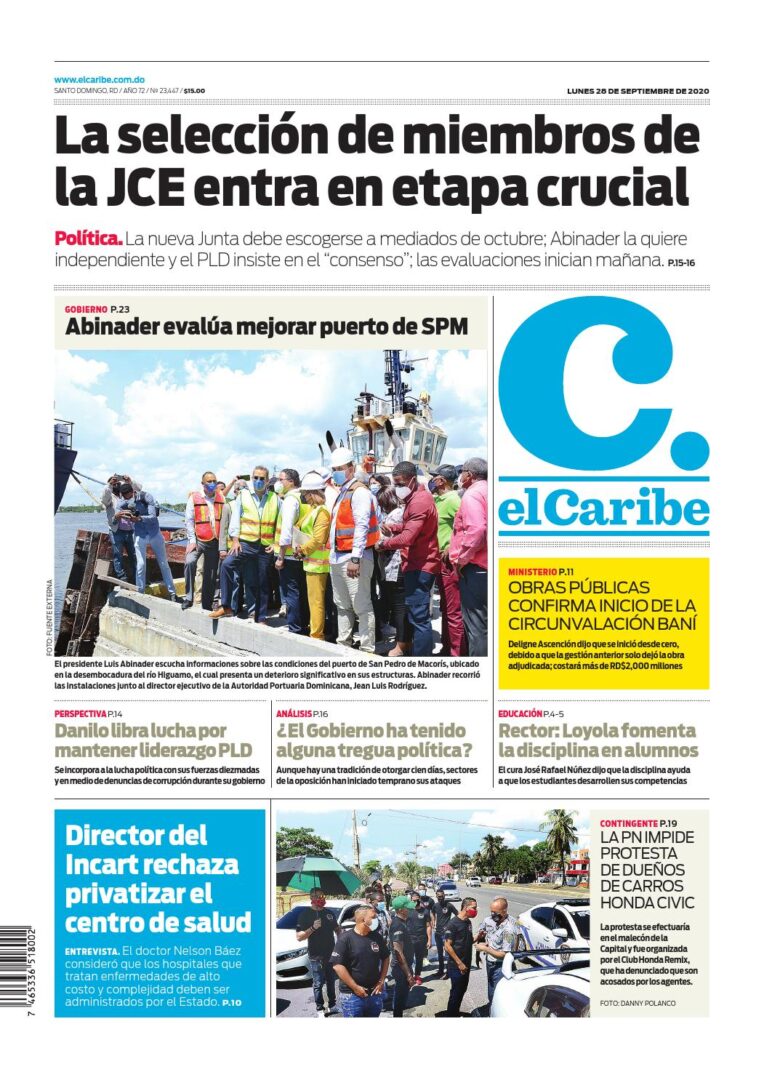 Portada Periódico El Caribe, Lunes 28 de Septiembre, 2020