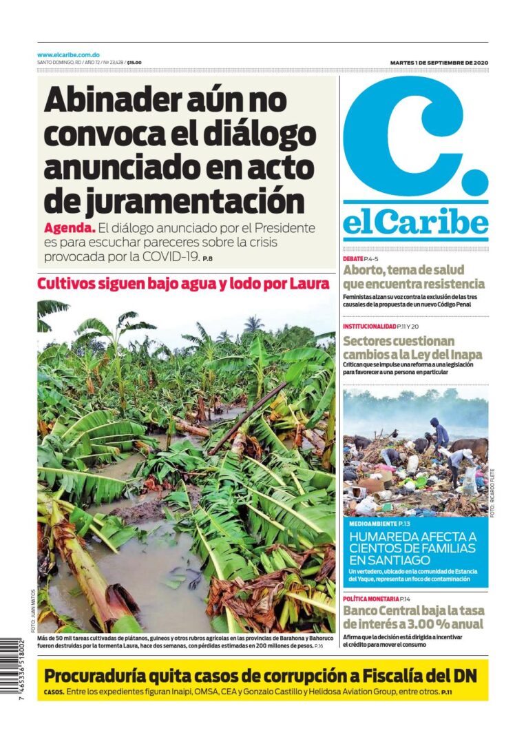 Portada Periódico El Caribe, Martes 01 de Septiembre, 2020