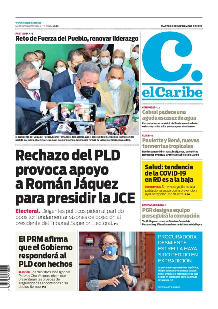 Portada Periódico El Caribe, Martes 08 de Septiembre, 2020