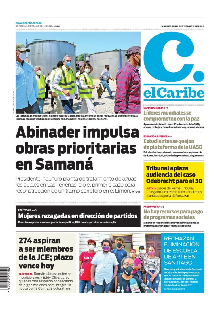 Portada Periódico El Caribe, Martes 22 de Septiembre, 2020
