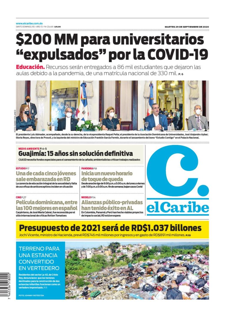 Portada Periódico El Caribe, Martes 29 de Septiembre, 2020