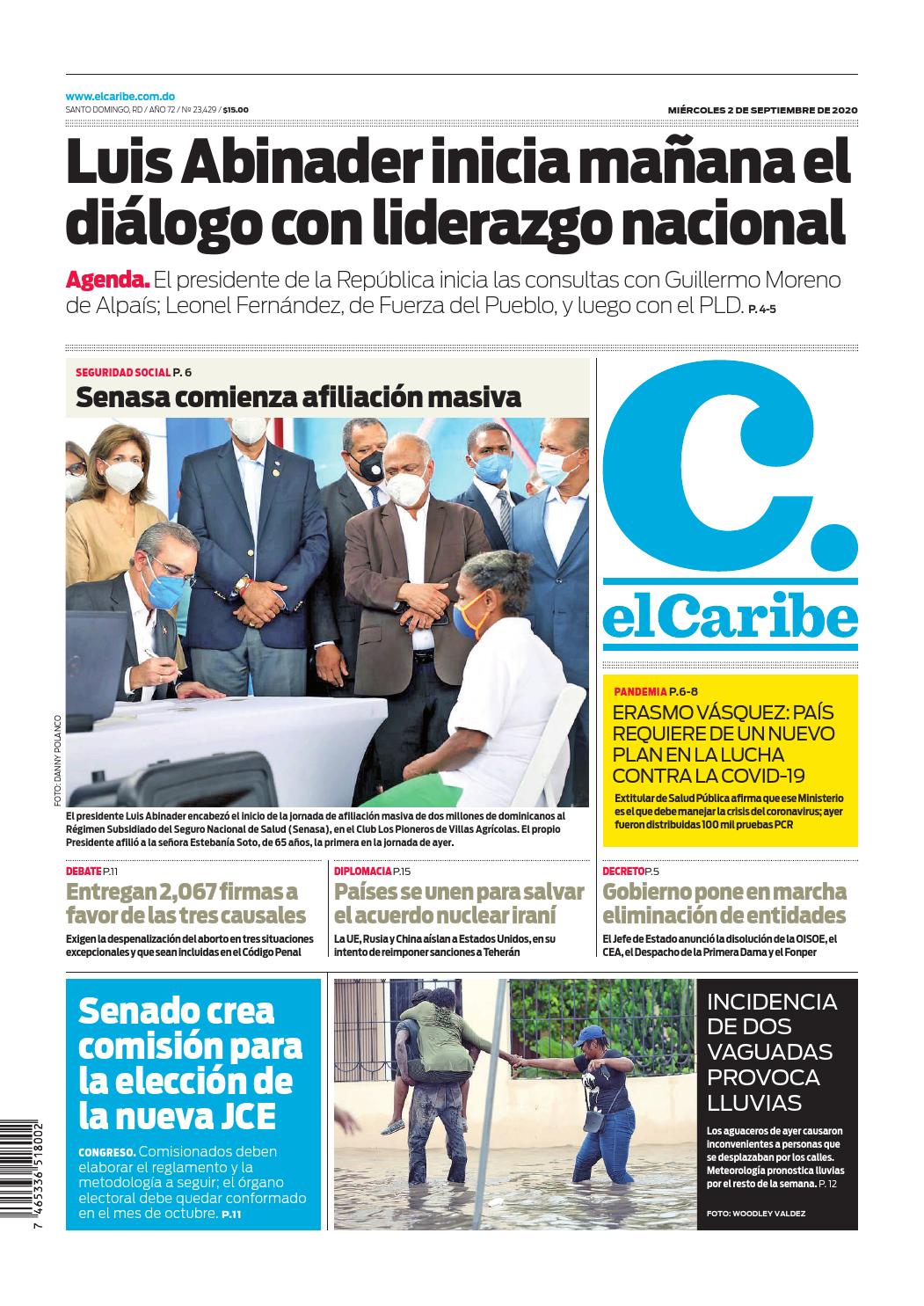 Portada Periódico El Caribe, Miércoles 02 de Septiembre, 2020