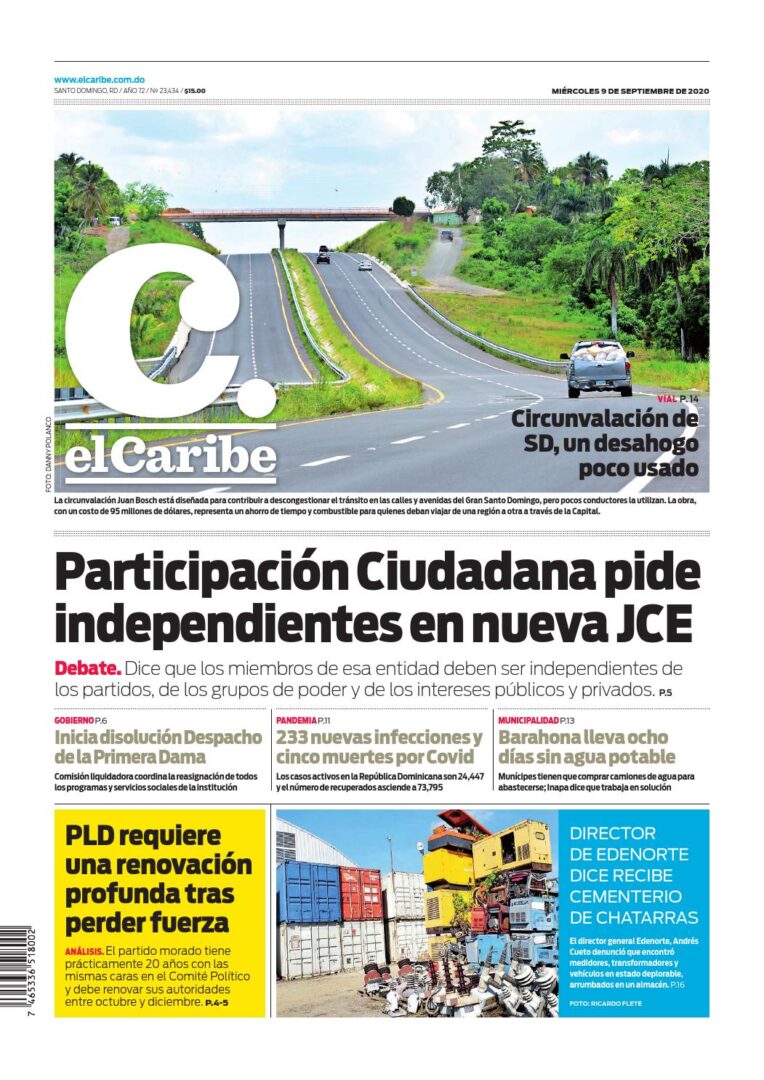 Portada Periódico El Caribe, Miércoles 09 de Septiembre, 2020