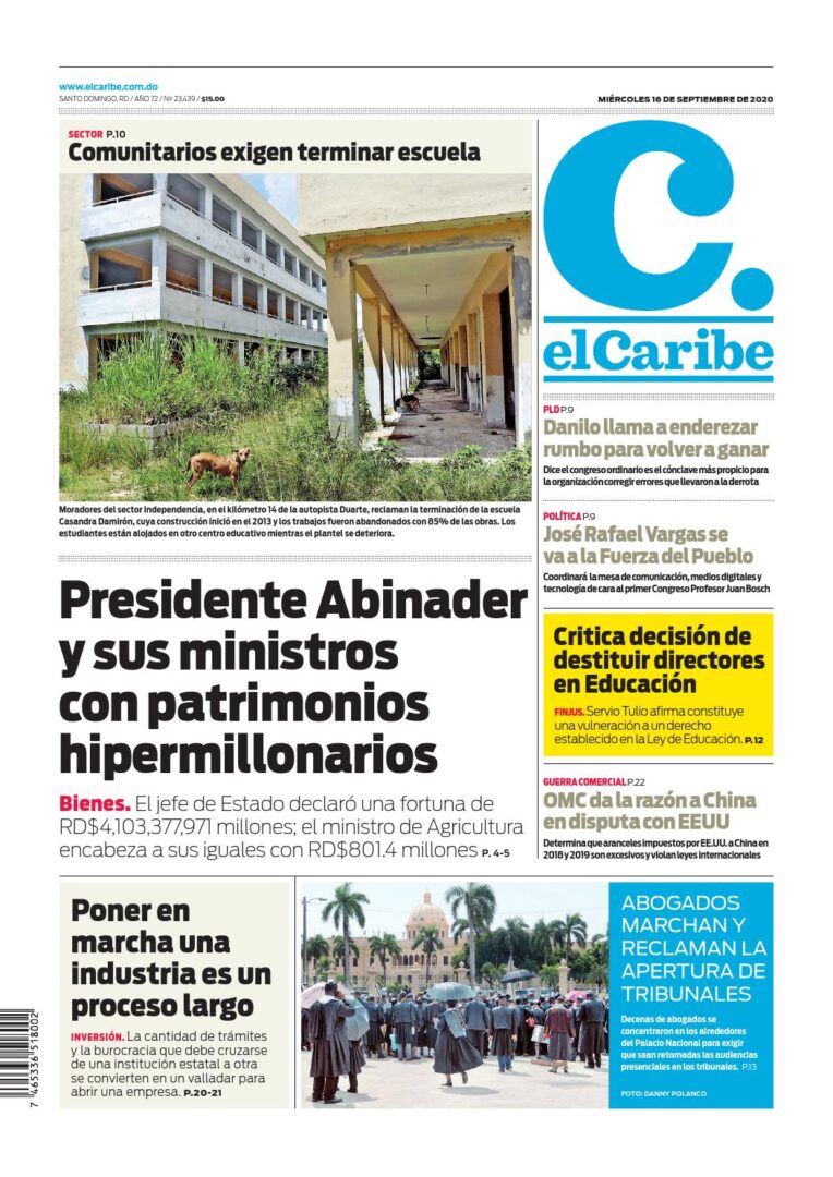 Portada Periódico El Caribe, Miércoles 16 de Septiembre, 2020