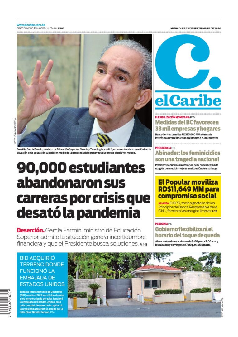 Portada Periódico El Caribe, Miércoles 23 de Septiembre, 2020