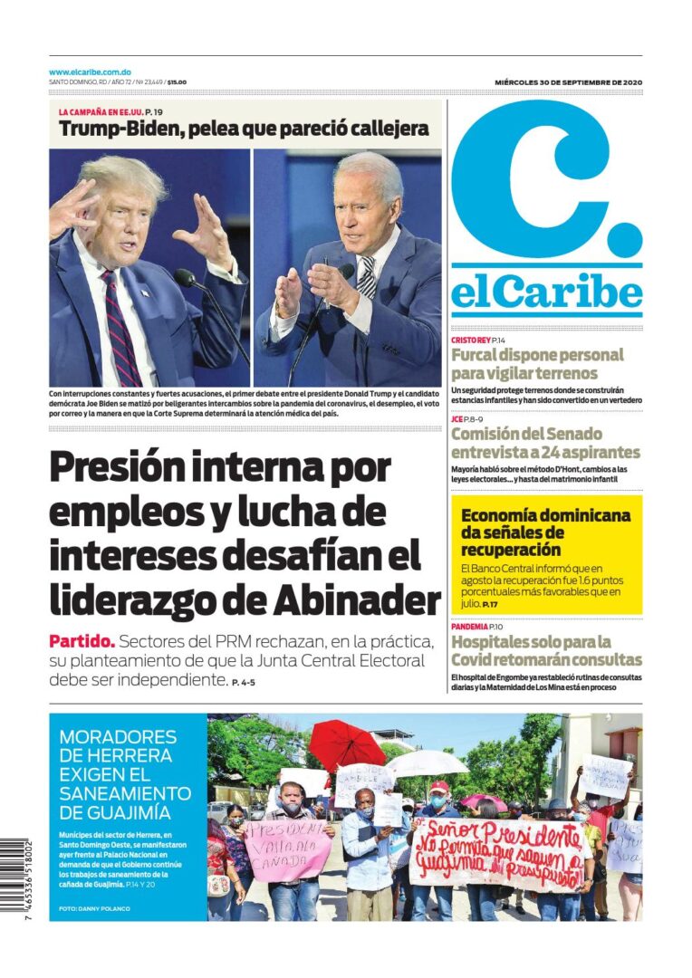 Portada Periódico El Caribe, Miércoles 30 de Septiembre, 2020