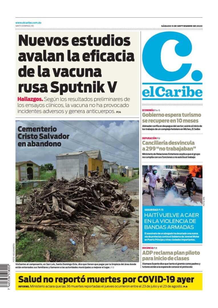 Portada Periódico El Caribe, Sábado 05 de Septiembre, 2020