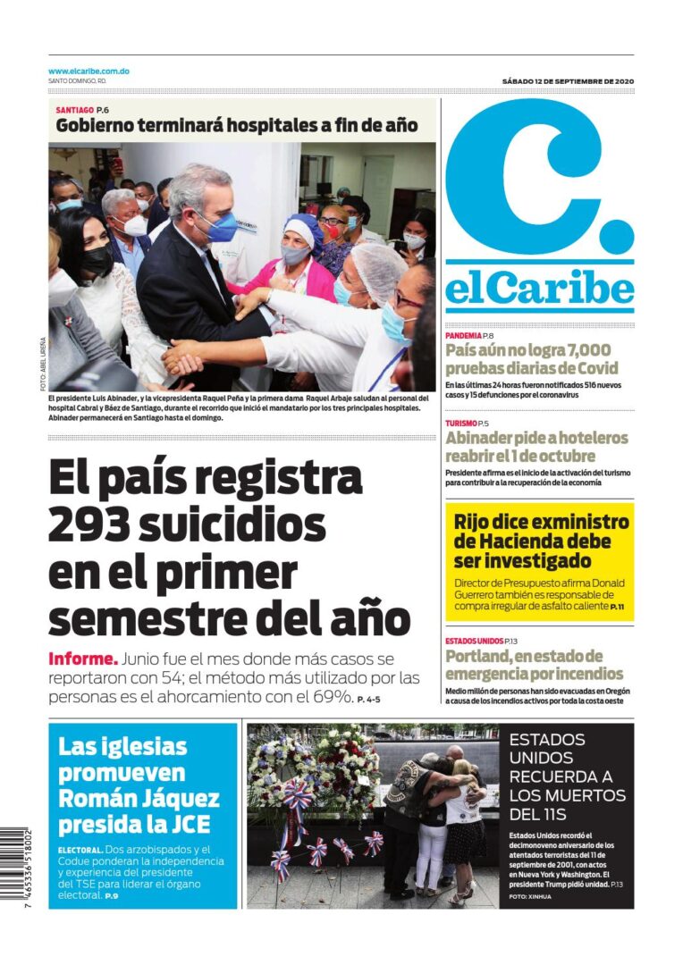 Portada Periódico El Caribe, Sábado 12 de Septiembre, 2020
