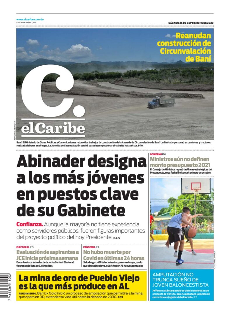 Portada Periódico El Caribe, Sábado 26 de Septiembre, 2020