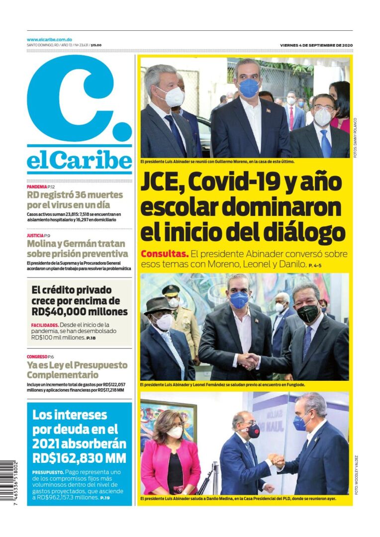 Portada Periódico El Caribe, Viernes 04 de Septiembre, 2020