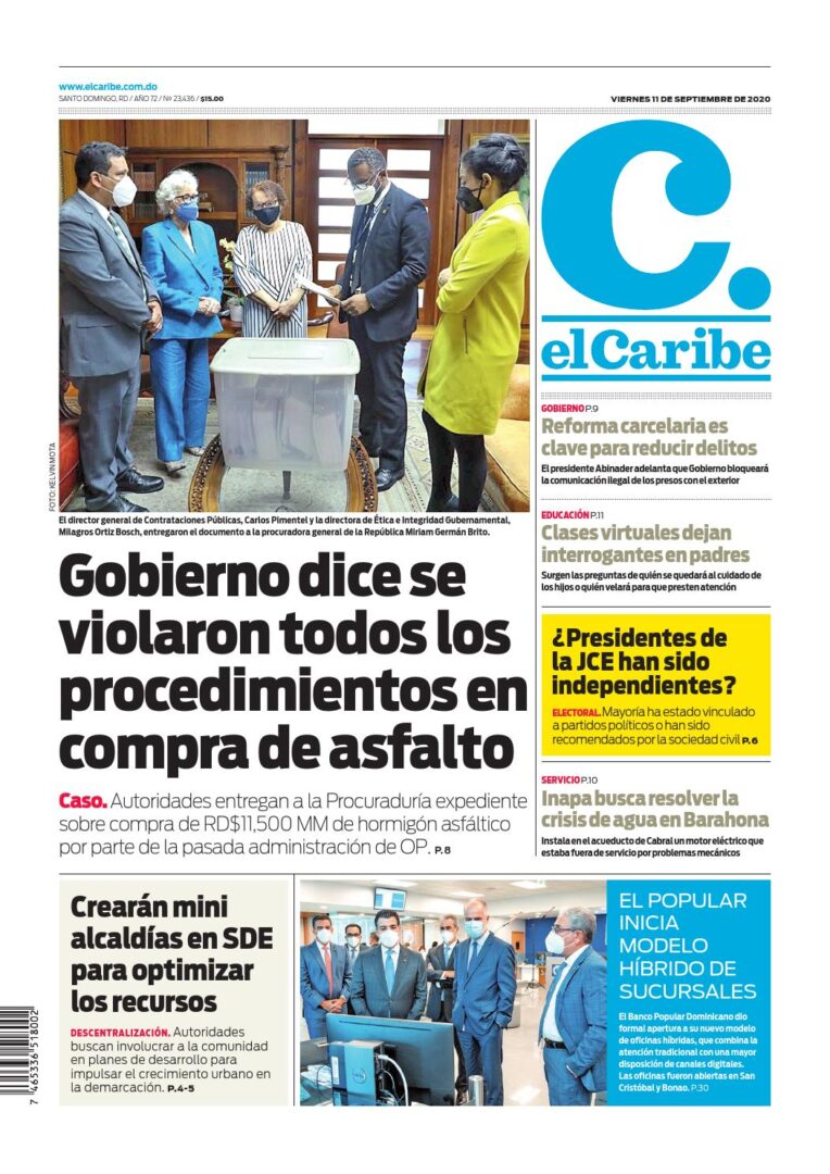 Portada Periódico El Caribe, Viernes 11 de Septiembre, 2020