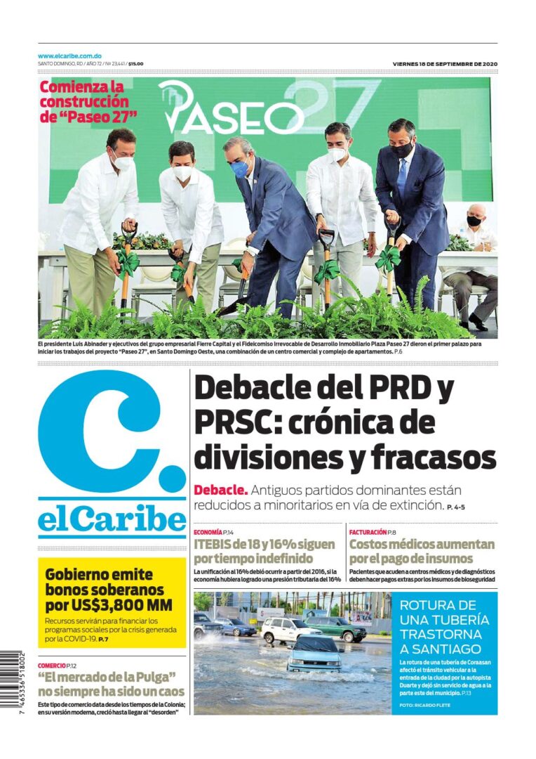 Portada Periódico El Caribe, Viernes 18 de Septiembre, 2020