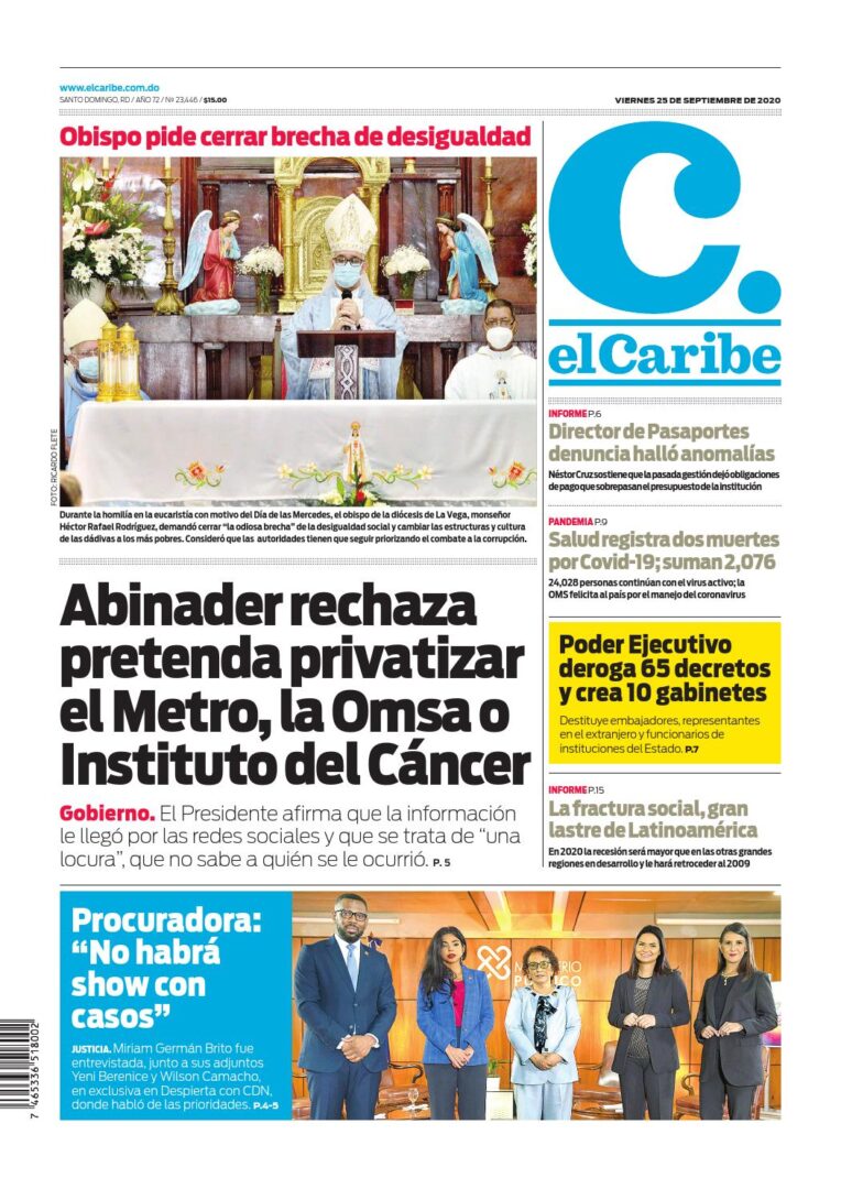 Portada Periódico El Caribe, Viernes 25 de Septiembre, 2020