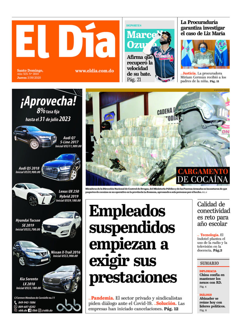 Portada Periódico El Día, Jueves 03 de Septiembre, 2020
