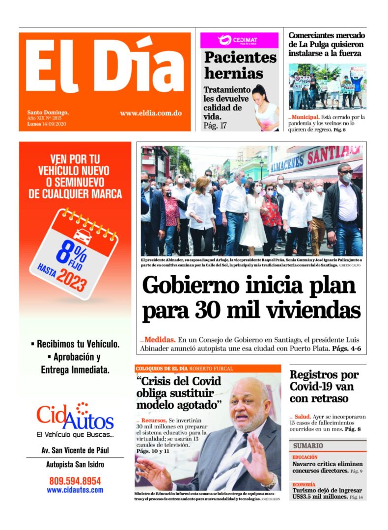 Portada Periódico El Día, Lunes 14 de Septiembre, 2020