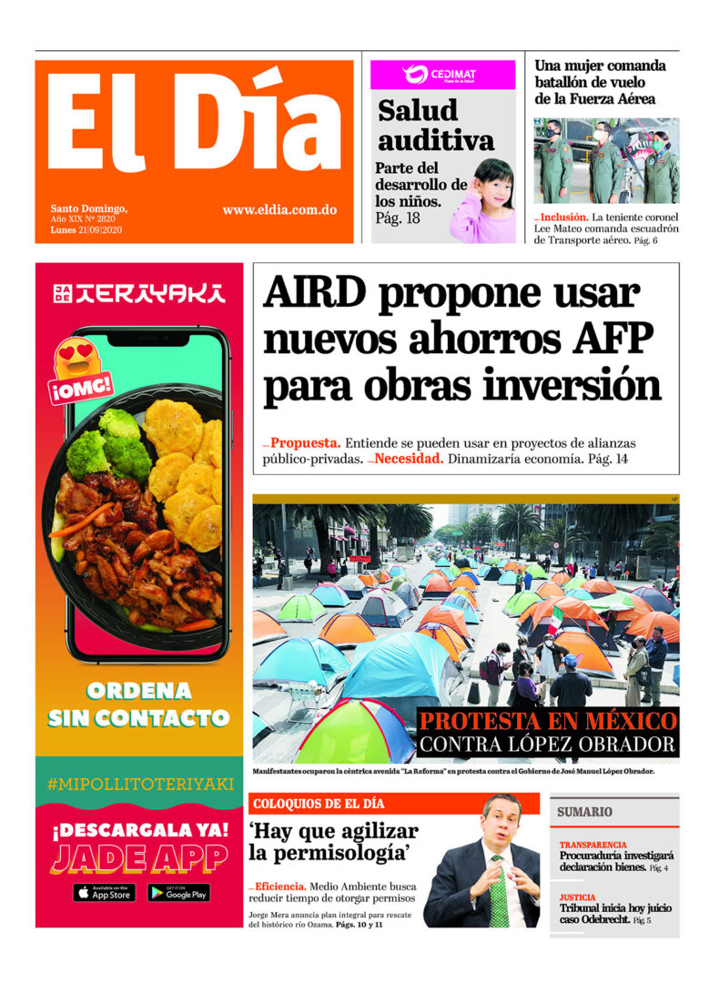 Portada Periódico El Día, Lunes 21 de Septiembre, 2020