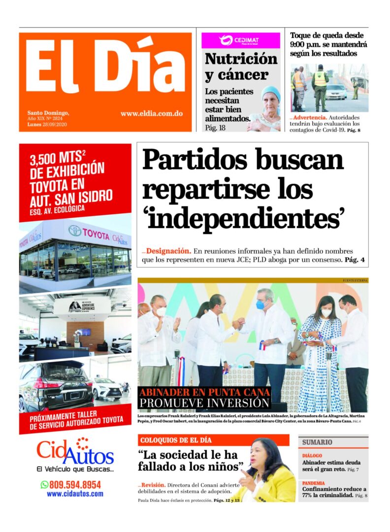 Portada Periódico El Día, Lunes 28 de Septiembre, 2020