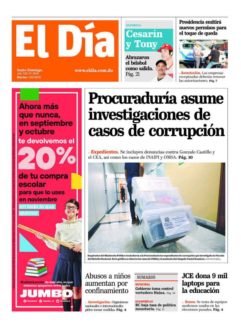 Portada Periódico El Día, Martes 01 de Septiembre, 2020