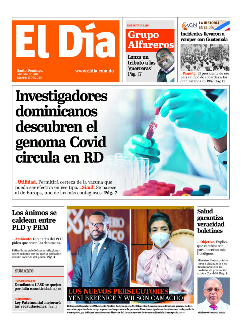 Portada Periódico El Día, Martes 08 de Septiembre, 2020