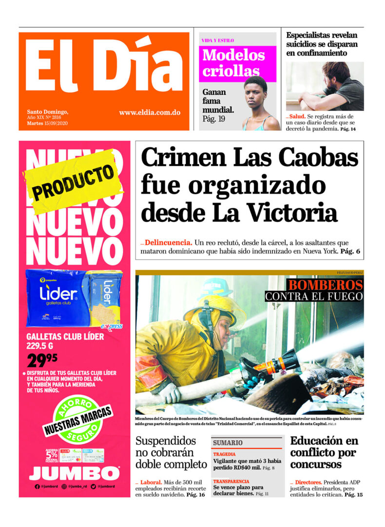 Portada Periódico El Día, Martes 15 de Septiembre, 2020