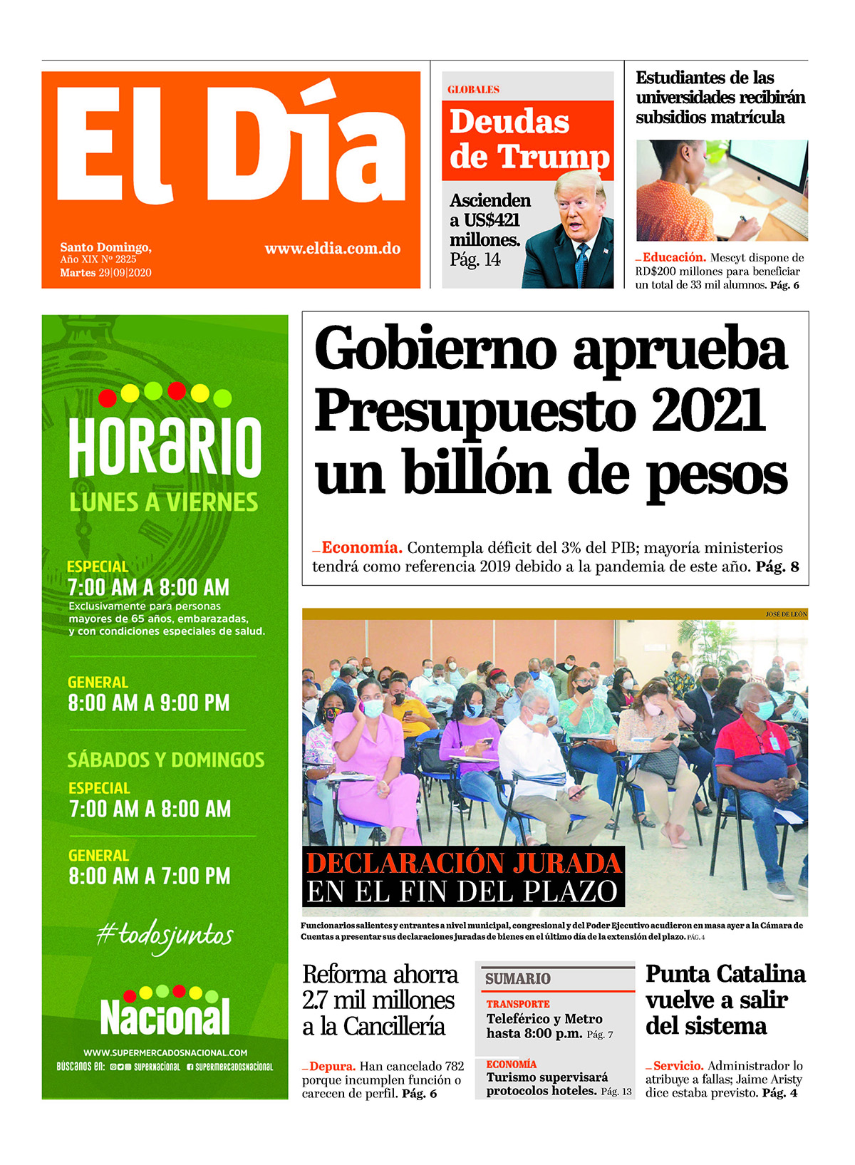 Portada Periódico El Día, Martes 29 de Septiembre, 2020