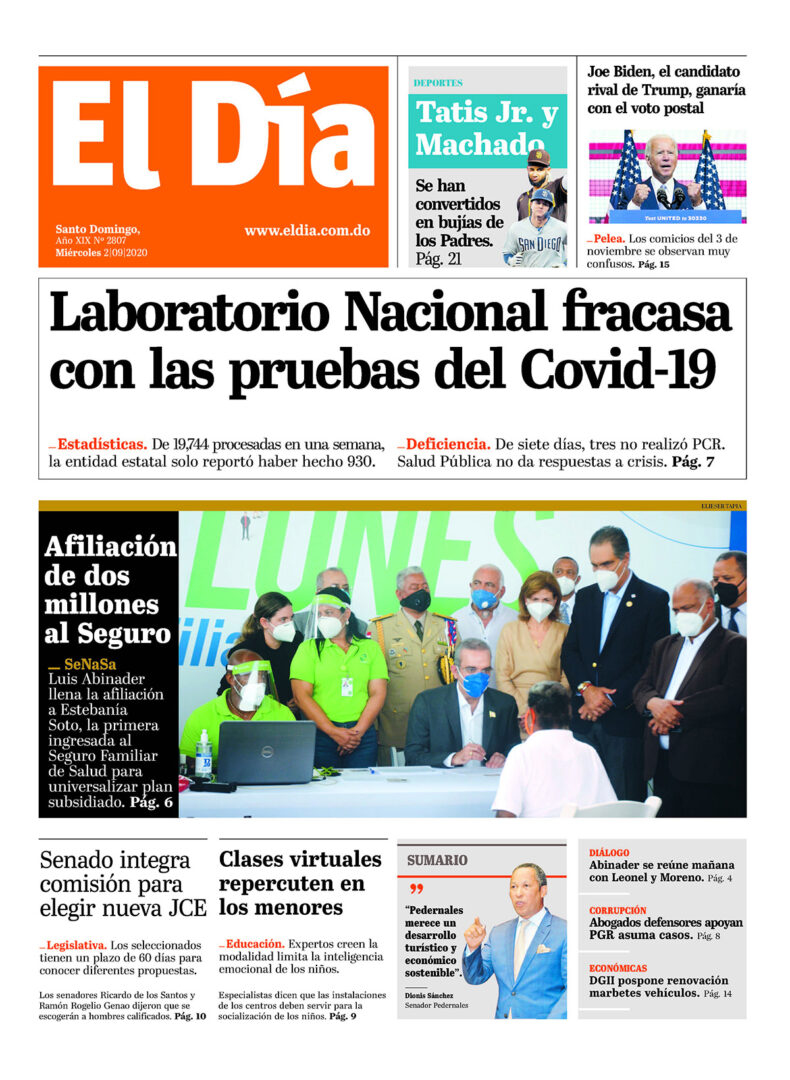Portada Periódico El Día, Miércoles 02 de Septiembre, 2020