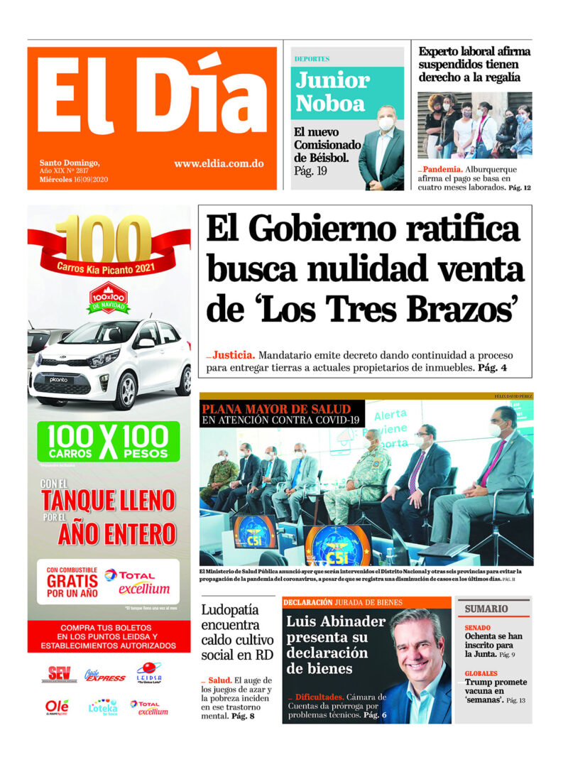 Portada Periódico El Día, Miércoles 16 de Septiembre, 2020